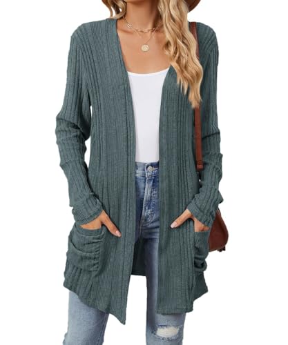 EIRUKON Strickjacke Damen Lang Cardigan Casual Elegant Strickjacken Herbst Winter Leichter Strickcardigan Einfrabige Klassisch Strickjacke mit Taschen S-XXL（Blau,XXL） von EIRUKON