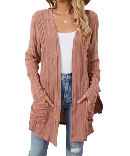 EIRUKON Strickjacke Damen Lang Cardigan Casual Elegant Strickjacken Herbst Winter Leichter Strickcardigan Einfrabige Klassisch Strickjacke mit Taschen S-XXL（Rosa,L） von EIRUKON