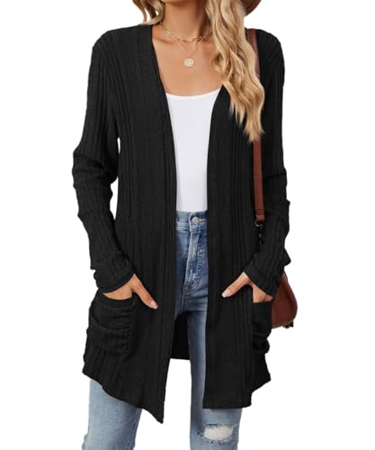 EIRUKON Strickjacke Damen Lang Cardigan Casual Elegant Strickjacken Herbst Winter Leichter Strickcardigan Einfrabige Klassisch Strickjacke mit Taschen S-XXL（Schwarz,S） von EIRUKON