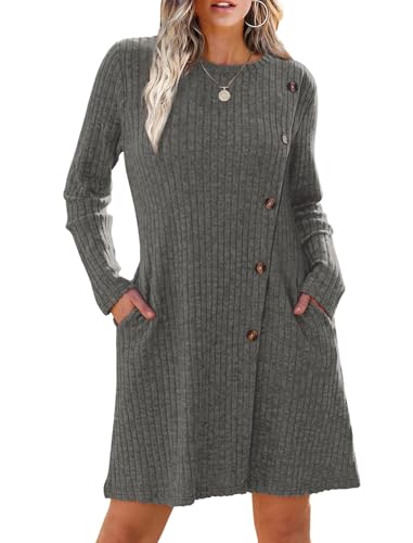 EIRUKON Strickkleid Damen Langarm Pulloverkleid Herbst Rundhals Gestrickt Kleider Winterkleid mit Taschen und Knöpfen Tunika Kleid Elegant,Grau,S von EIRUKON
