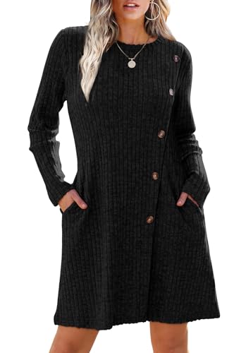EIRUKON Strickkleid Damen Langarm Pulloverkleid Herbst Rundhals Gestrickt Kleider Winterkleid mit Taschen und Knöpfen Tunika Kleid Elegant,Schwarz,S von EIRUKON