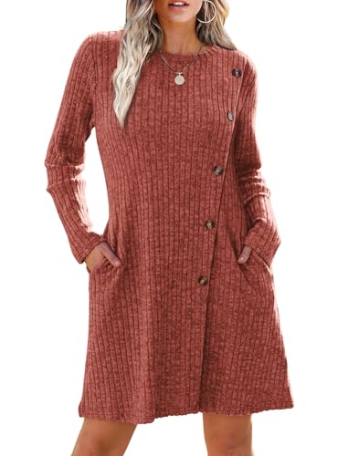 EIRUKON Strickkleid Damen Langarm Pulloverkleid Herbst Rundhals Gestrickt Kleider Winterkleid mit Taschen und Knöpfen Tunika Kleid Elegant,Ziegelrot,L von EIRUKON