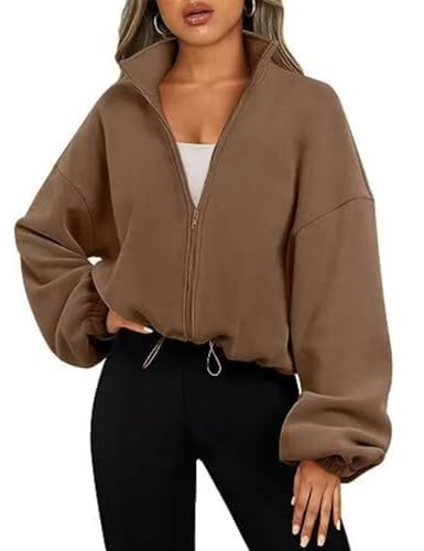 EIRUKON Sweatjacke Damen Sweatshirt Langarm Fleece Schüttelvlies Sweatshirt Jacke Herbst Winter Sweatshirts mit Kordelzug Pullover mit Reissverschluss,Braun,L von EIRUKON