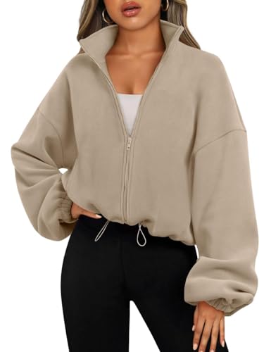 EIRUKON Sweatjacke Damen Sweatshirt Langarm Fleece Schüttelvlies Sweatshirt Jacke Herbst Winter Sweatshirts mit Kordelzug Pullover mit Reissverschluss,Khaki,XL von EIRUKON