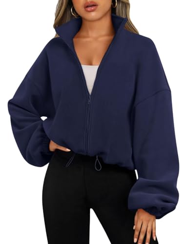 EIRUKON Sweatjacke Damen Sweatshirt Langarm Fleece Schüttelvlies Sweatshirt Jacke Herbst Winter Sweatshirts mit Kordelzug Pullover mit Reissverschluss,Marineblau,L von EIRUKON