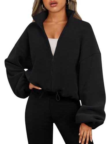 EIRUKON Sweatjacke Damen Sweatshirt Langarm Fleece Schüttelvlies Sweatshirt Jacke Herbst Winter Sweatshirts mit Kordelzug Pullover mit Reissverschluss,Schwarz,XL von EIRUKON