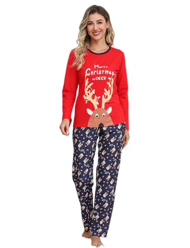 EISHOPEER Damen-Pyjama-Set, niedlich, bedruckt, kurzärmeliges Oberteil und lange Hose, Nachtwäsche-Set, C_Red Deer – Damen, XS von EISHOPEER