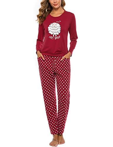 EISHOPEER Damen Pyjama-Set, süßes bedrucktes kurzärmeliges Oberteil und lange Hose, Nachtwäsche Pjs-Sets, B-Weinrot, 34 von EISHOPEER