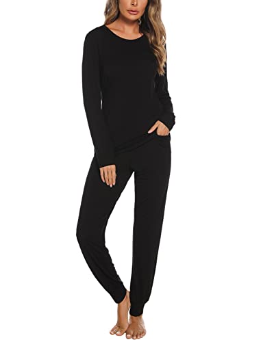 EISHOPEER Damen Soft Langarm Pyjama Set Cute Print Top und Hose Pjs Lounge Nachtwäsche Sets mit Tasche, B-Schwarz, XXL von EISHOPEER