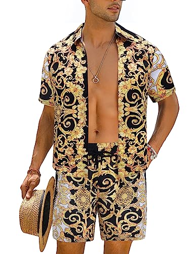 EISHOPEER Herren Blume Button Down Hawaii-Sets Casual Kurzarm Hemd und Shorts Anzüge, B - Gold & Schwarz, X-Groß von EISHOPEER