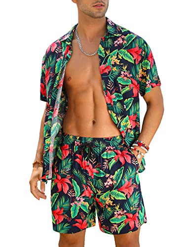 EISHOPEER Herren Blumen Button Down Hawaii Outfit Sets Casual Kurzarm Hemd und Shorts Anzüge, A - Marineblau & Blatt, XX-Large von EISHOPEER