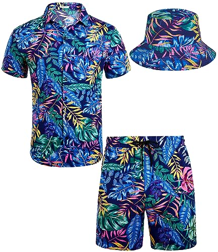 EISHOPEER Herren Blumen Button Down Hawaii Outfit Sets Casual Kurzarm Hemd und Shorts Anzüge, Pat_ Blau & Blätter (mit Hut), 3X-Groß von EISHOPEER