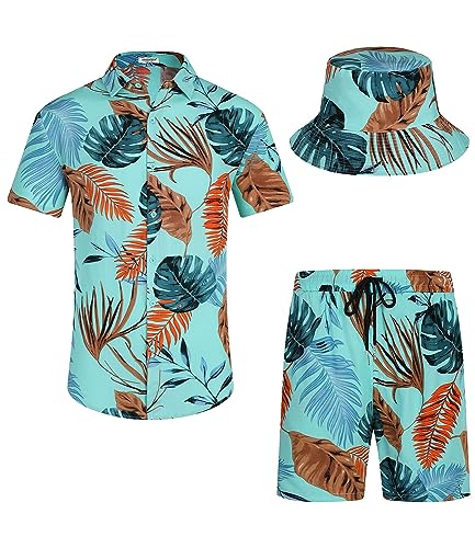 EISHOPEER Herren Blumen Button Down Hawaii Outfit Sets Casual Kurzarm Hemd und Shorts Anzüge, Pat_ Lake Green (mit Hut), 5X-Groß von EISHOPEER