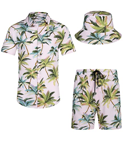 EISHOPEER Herren Blumen Button Down Hawaii Outfit Sets Casual Kurzarm Hemd und Shorts Anzüge, Pat_ Pink (mit Hut), Large von EISHOPEER