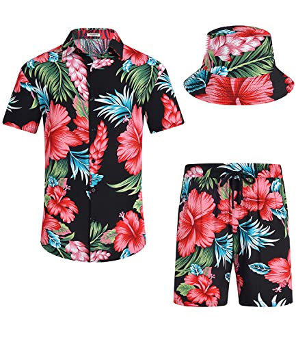 EISHOPEER Herren Flower Button Down Hawaiian Sets Casual Kurzarm Hemd und Shorts Anzüge, Pat_black (mit Hut), XX-Large von EISHOPEER