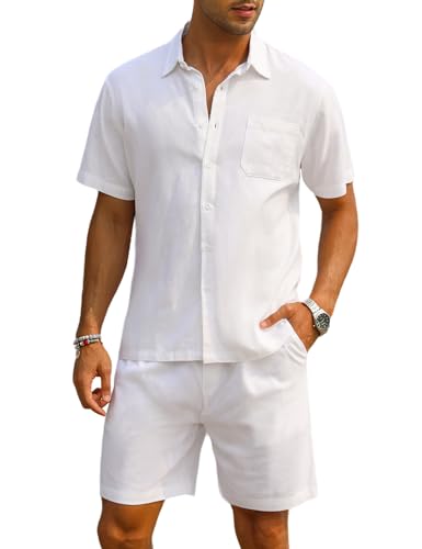 EISHOPEER Herren-Leinensets, Outfits, lässig, kurzärmelig, Button-Down-Shirts, Baumwoll-Leinen, Strand-Shorts, Weiss/opulenter Garten, Medium EISHOPEER Herren-Leinensets, Outfits, lässig, kurzärmelig, Button-Down-Shirts, Baumwoll-Leinen, Strand-Shorts, Weiss/opulenter Garten, Medium von EISHOPEER
