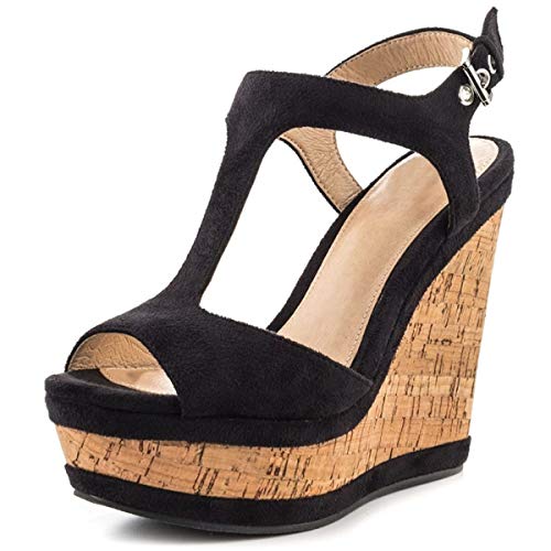 EITHY Wedges für Frauen, Open Toe Platform T-Träger Sandalen Sommersandalen Holz Plateau Wedge Heels Schwarz 38.5EU von EITHY