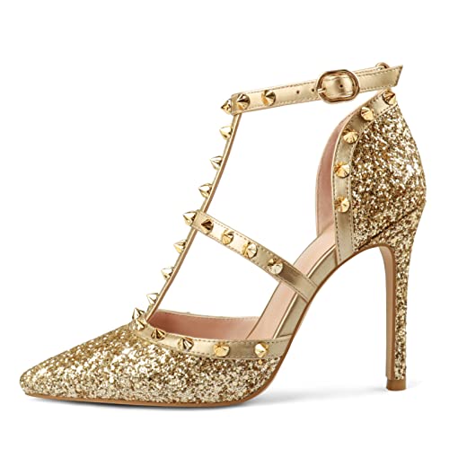 Eithy Damen Slingbacks Mid High Heels Riemchen Sommer Schuhe Spitze Zehen Party Alltag Abendsandalen, Gold / Glitzer, 42 EU von EITHY