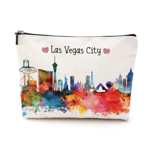 EIXU New York Chicago Nashville Italien Paris Los Angeles Las Vegas Geschenk Aquarell Make-up-Tasche Kosmetiktasche für Damen und Mädchen, Las Vegas City, 10*7*2 inches von EIXU