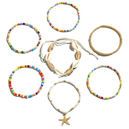 EIYVPRA 7 Stück Muschel-Fußkettchen für Frauen, Boho Mehrschicht Fußkettchen, Seestern-Fußkettchen, Muschel-Fußkettchen, Sommer-Strand-Fußkettchen, Schmuckzubehör für Mädchen Frauen von EIYVPRA