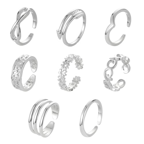 EIYVPRA 8 Stück Offene Zehenringe Set für Damen Mädchen Silber Frauen Fußkettchen und Zehenring Set Verstellbare Fußkettchen Fußschmuck von EIYVPRA