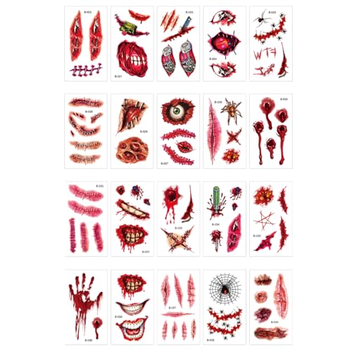 EIYVPRA Temporäre Tattoos (20 Blatt), Gefälschte Halloween Wunden, Narben Tattoo Halloween, Halloween Schminke Wunden Tattoos, Halloween Wunden mit gefälschten Scab Blut Spezial Kostüm Makeup Stützen von EIYVPRA
