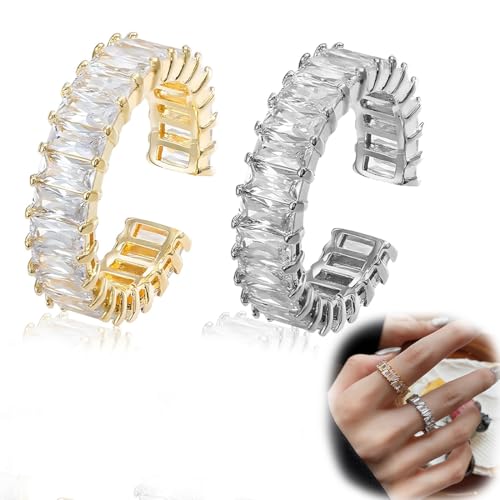 Ring Set Frauen Vergoldete Silber Ringe,Stein Ring mit Zirkonia Kristallen Offene Ringe eingestellt Eternity Rechteck Damen Silber,Classic Silver Schmuck Girl Ring Eignet Sich für Geburtstagsgeschenk von EIYVUAL