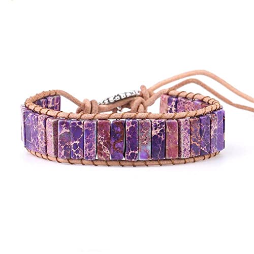 EIZHANG Stein Armband,Langes Quadratisches Perlenarmband/Lila Türkisarmbänder/Lila Breites Armband/Böhmischer Stil/Kleiner Gänseblümchenknopf Verstellbares Lederseil/Tägliche Unisex-Kleidung von EIZHANG