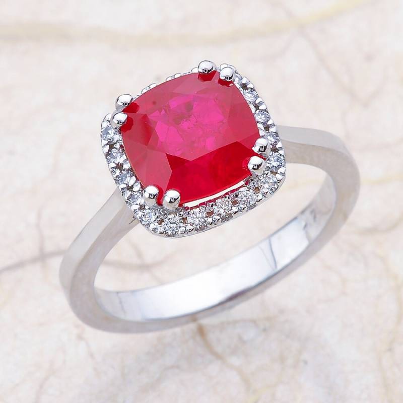 14 K Weißgold Diamant Halo Verlobungsring Mit 8x8mm Lab Gewachsen Kissen Rubin Zentrum von EJCOLLECTIONS
