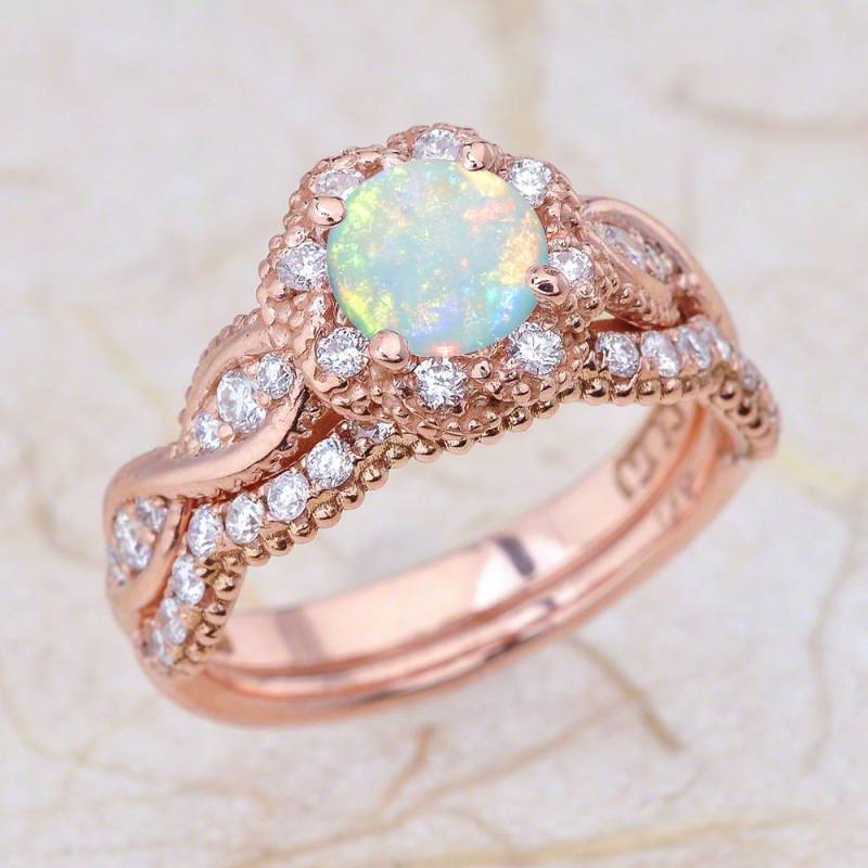 14-Karätiger Vintage-Roségold-Opal-Verlobungsring Und Ehering-Brautset Aus 14-Karätigem Roségold von EJCOLLECTIONS