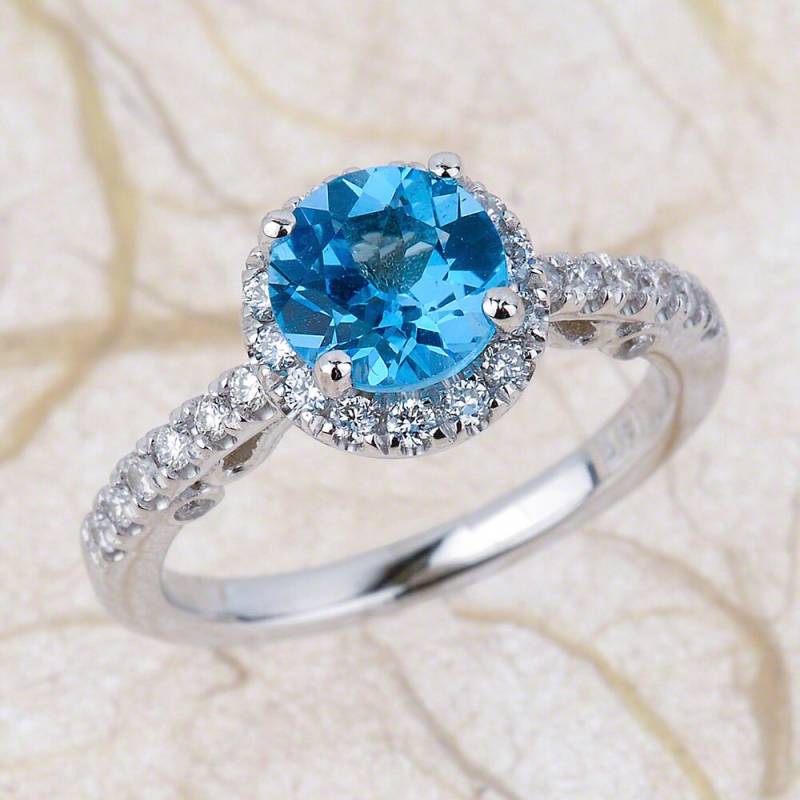 14K Weißgold-Schweizer Blautopas - Verlobungsring Trauring 6mm Blauer Edelstein Ring Runder Heiligenschein von EJCOLLECTIONS