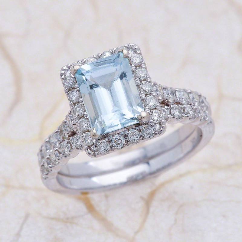 Aquamarin Braut Ring Set Weißgold, Halo Verlobungsring Und Ehering Smaragd Geschnitten von EJCOLLECTIONS