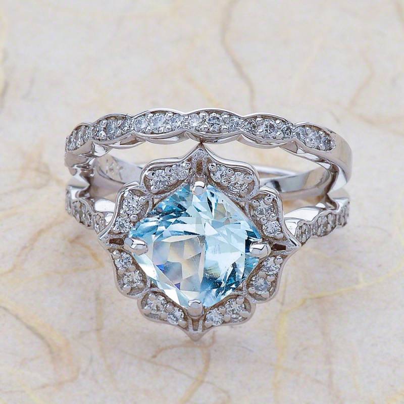 Aquamarin Braut Set Weißgold/Kissen Geformte Schnitt Halo Überbacken Design März Birthstone Geburtstagsgeschenk von EJCOLLECTIONS