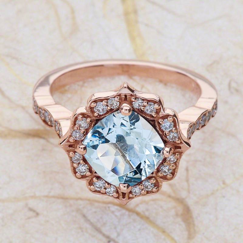 Aquamarin Engagement Ring Rose Gold/Kissen Geschnitten Halo Überbacken Vintage-Design von EJCOLLECTIONS