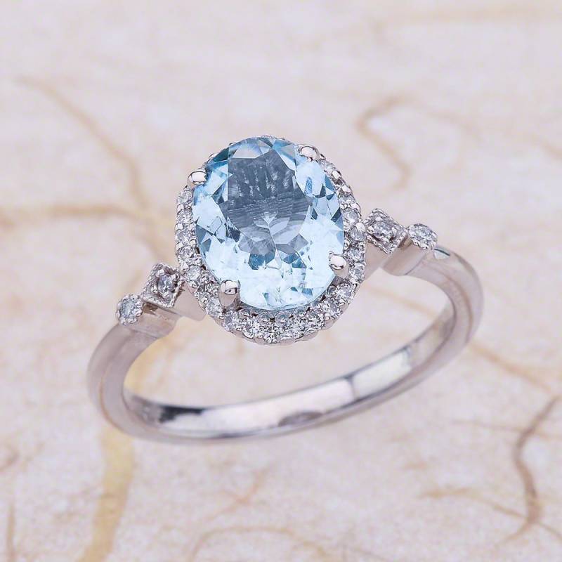 Aquamarin Halo Verlobungsring Weißgold, Oval Geschnitten Aquamarin-Ring von EJCOLLECTIONS