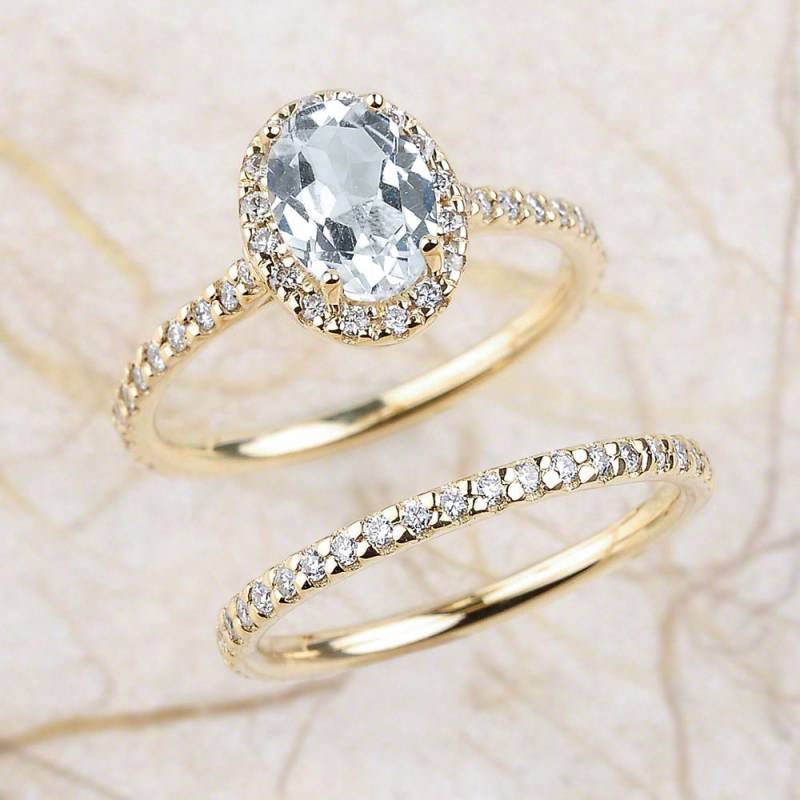 Aquamarin Verlobungsring, Braut Set, Halo Verlobungsring in 14K Gelbgold von EJCOLLECTIONS