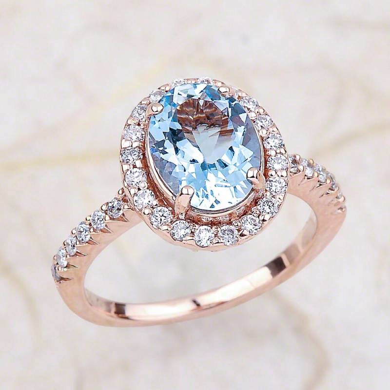 Aquamarin Verlobungsring Rotgold/März Birthstone Halo Oval Geschnitten Facettierten Geburtstagsgeschenk von EJCOLLECTIONS