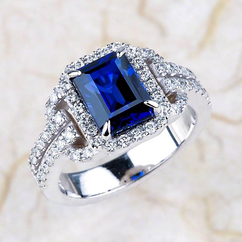 Blauer Saphir-Verlobungsring Weißgold, Labor Gewachsen Saphir Halo Verlobungsring von EJCOLLECTIONS