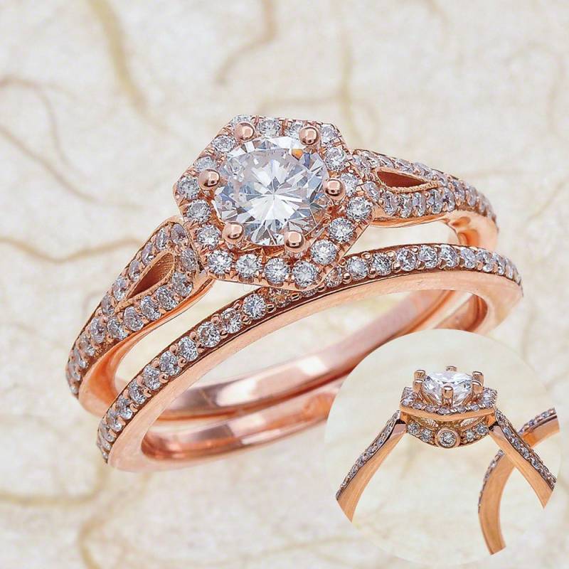 Diamant-Verlobungs-Braut-Ring-Set Rose Gold, Diamant Halo Braut Set Verlobungsring Gold von EJCOLLECTIONS