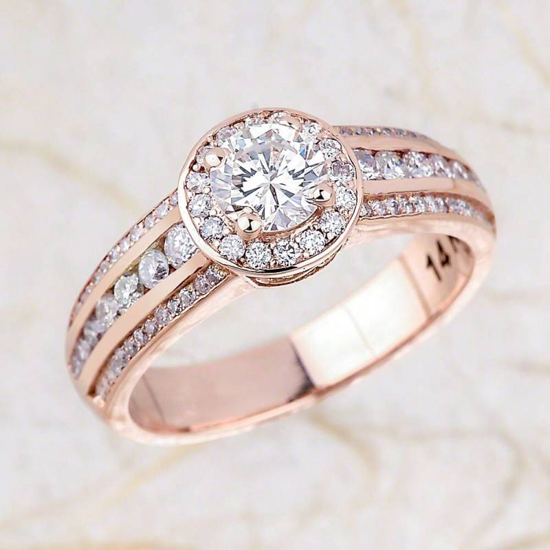 Halo-Diamant-Verlobungsring-Rose-Gold, Diamant-Verlobungsring-Rose-Gold, Diamant-Kanal Set Verlobungsring Rotgold, Diamant-Halo-Ring von EJCOLLECTIONS