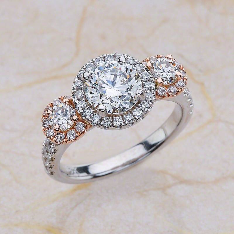 Moissanite Drei Stein Heiligenschein Verlobungsring 18K Weiß Und Rose Gold, Zwei Ton Ring von EJCOLLECTIONS
