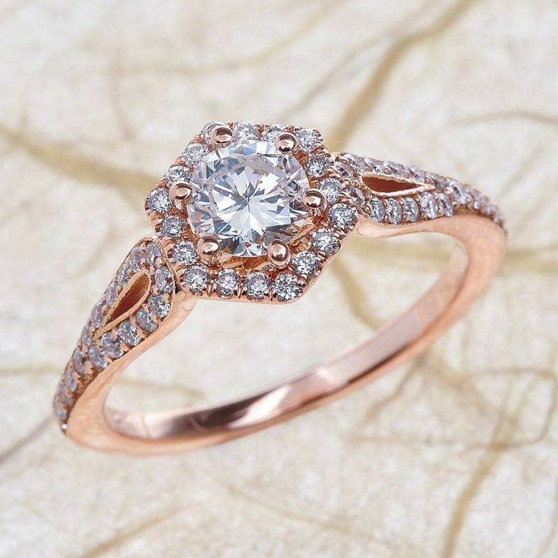 Moissanite Verlobungsring Runde Rose Gold/Halo Rotgold Neo von EJCOLLECTIONS