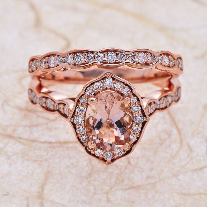 Morganit Braut Set Rose Gold/Oval Geschnitten Halo Scalloped Design Mit Passenden Band Ehering von EJCOLLECTIONS