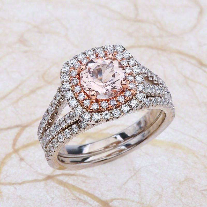 Morganit Braut Set Weiß Und Rose Gold/Doppel Halo Aufgeteilt Schaft Rund Geschnitten Oktober November Birthstone von EJCOLLECTIONS