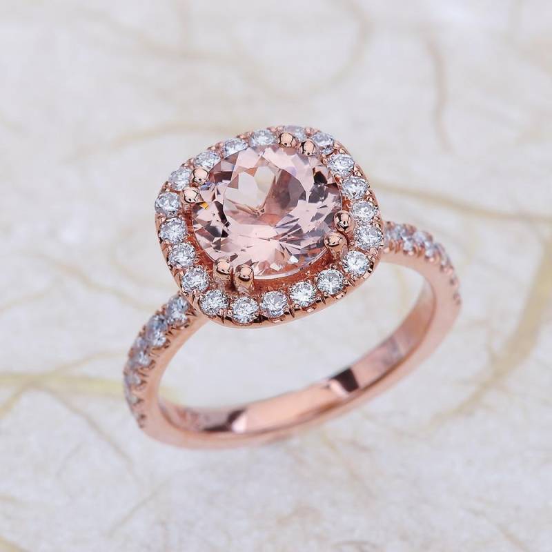 Morganit Verlobungsring Rose Gold, Gold Verlobungsring, Halo Engagement von EJCOLLECTIONS