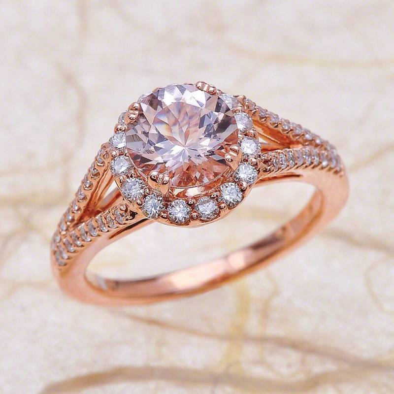 Morganit Verlobungsring Rose Gold/Runden Schnitt Halo Split Schaft Kathedrale Oktober November Birthstone von EJCOLLECTIONS