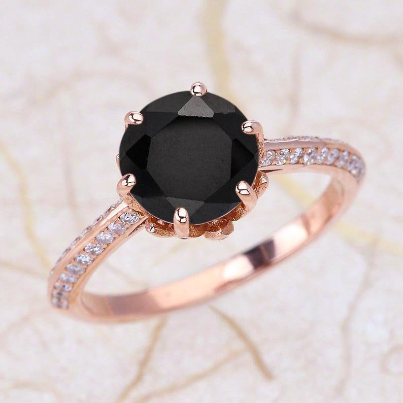 Rose Gold Verlobungsring/Spinell Lotus Blume Center Ist Ein 8mm Runde Schwarz von EJCOLLECTIONS