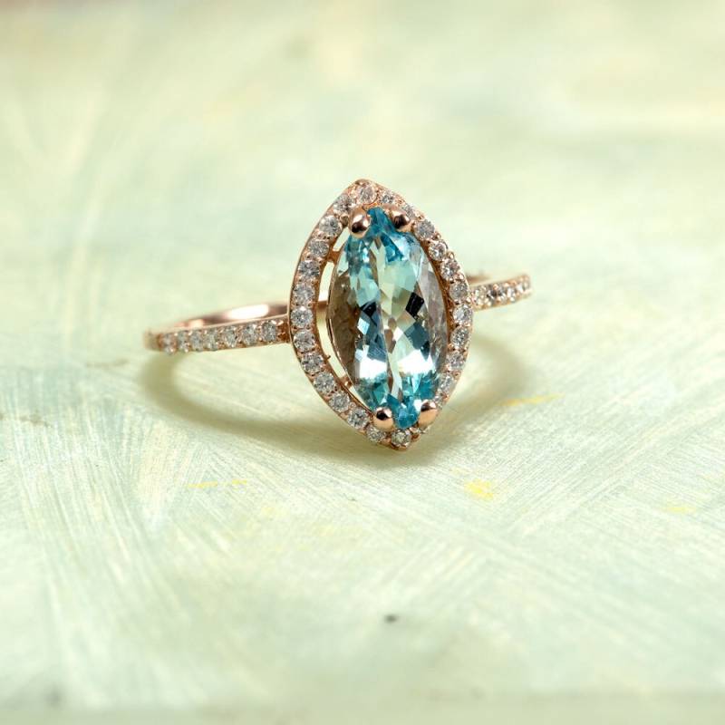 Roségold 14K Verlobung Diamant Halo Ring Mitte Ist Ein Marquise Aquamarin von EJCOLLECTIONS