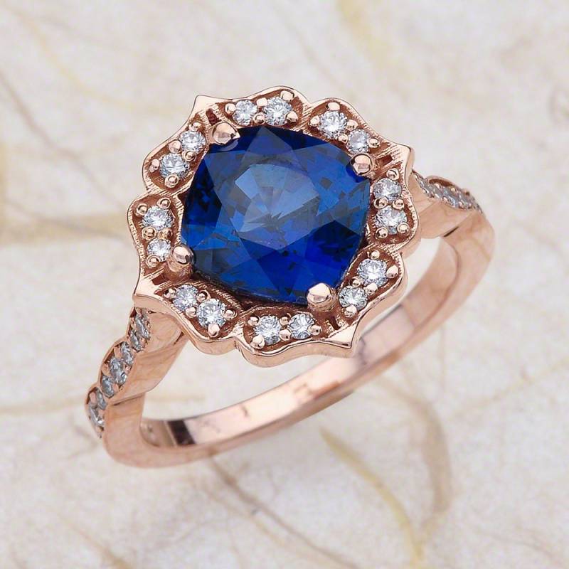 Saphir Engagement Ring Rose Gold/Kissen Geschnitten Blauen Halo Überbacken Design September Birthstone von EJCOLLECTIONS
