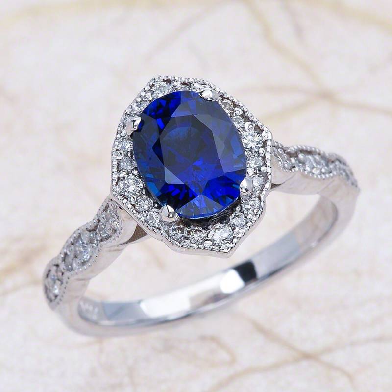 Saphir Verlobungsring/Oval Geschnitten Blau Lab Gewachsen Halo Milgrain Scalloped Design Saphir Verlobungsring/Oval Geschnitten Blau Lab Gewachsen Halo Milgrain Scalloped Design von EJCOLLECTIONS